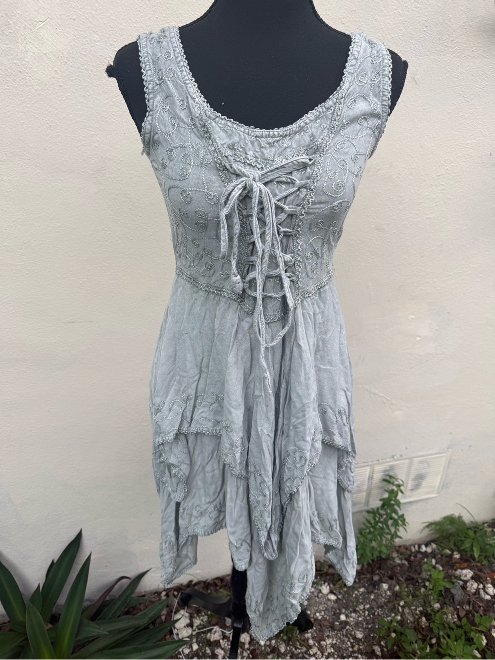 Boho Lace-Up Asymmetrical Dress in Light Gray